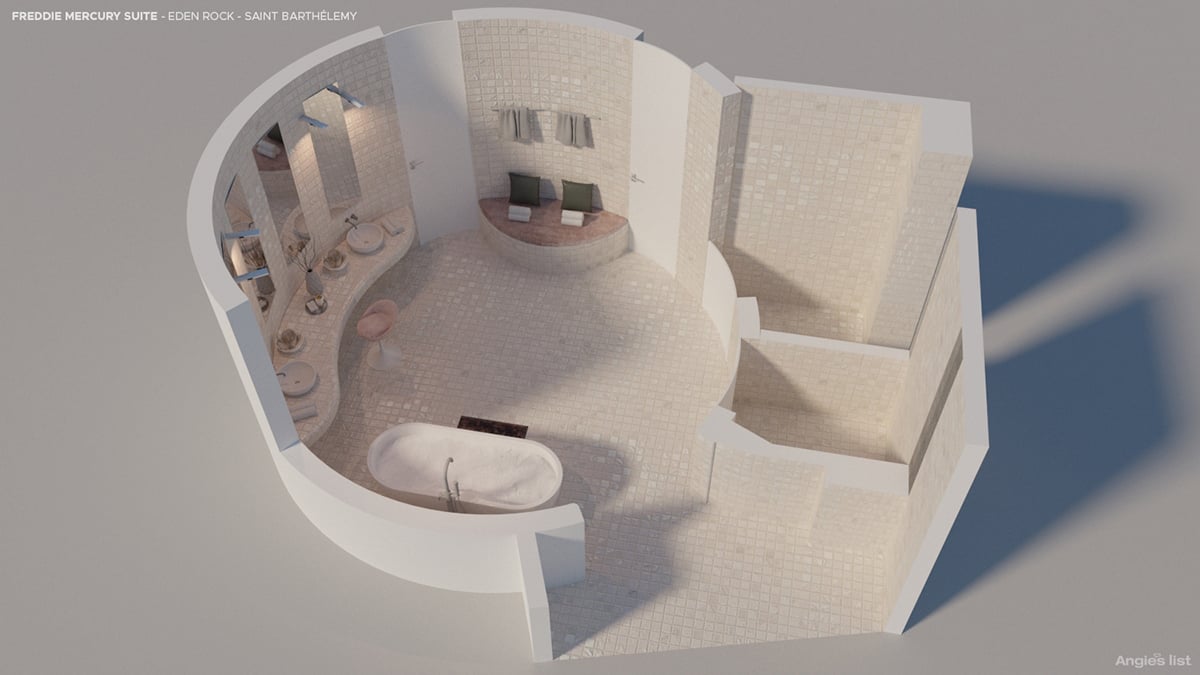 Freddie's circular, hand-cut, 24-carat white gold bathroom