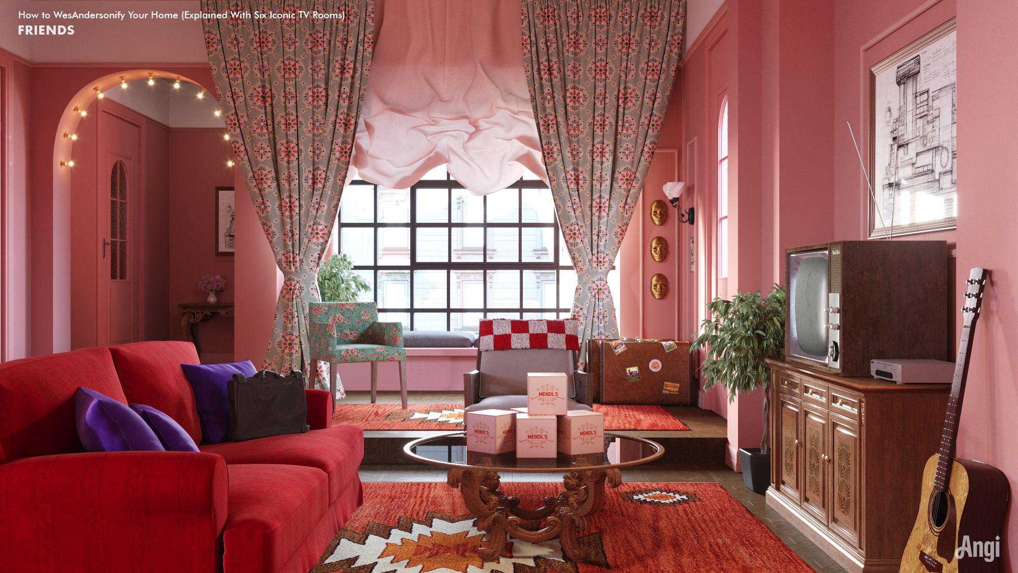 Living room inspired by the TV show Friends, with a red couch and pink walls