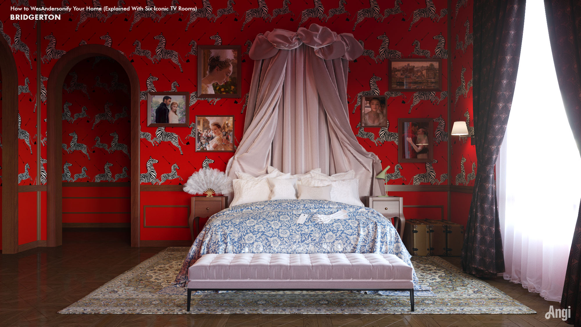 bedroom inspired by Bridgerton featuring red wallpaper with a zebra motif, black patterned curtains, and a bed with light blue and purple fabrics