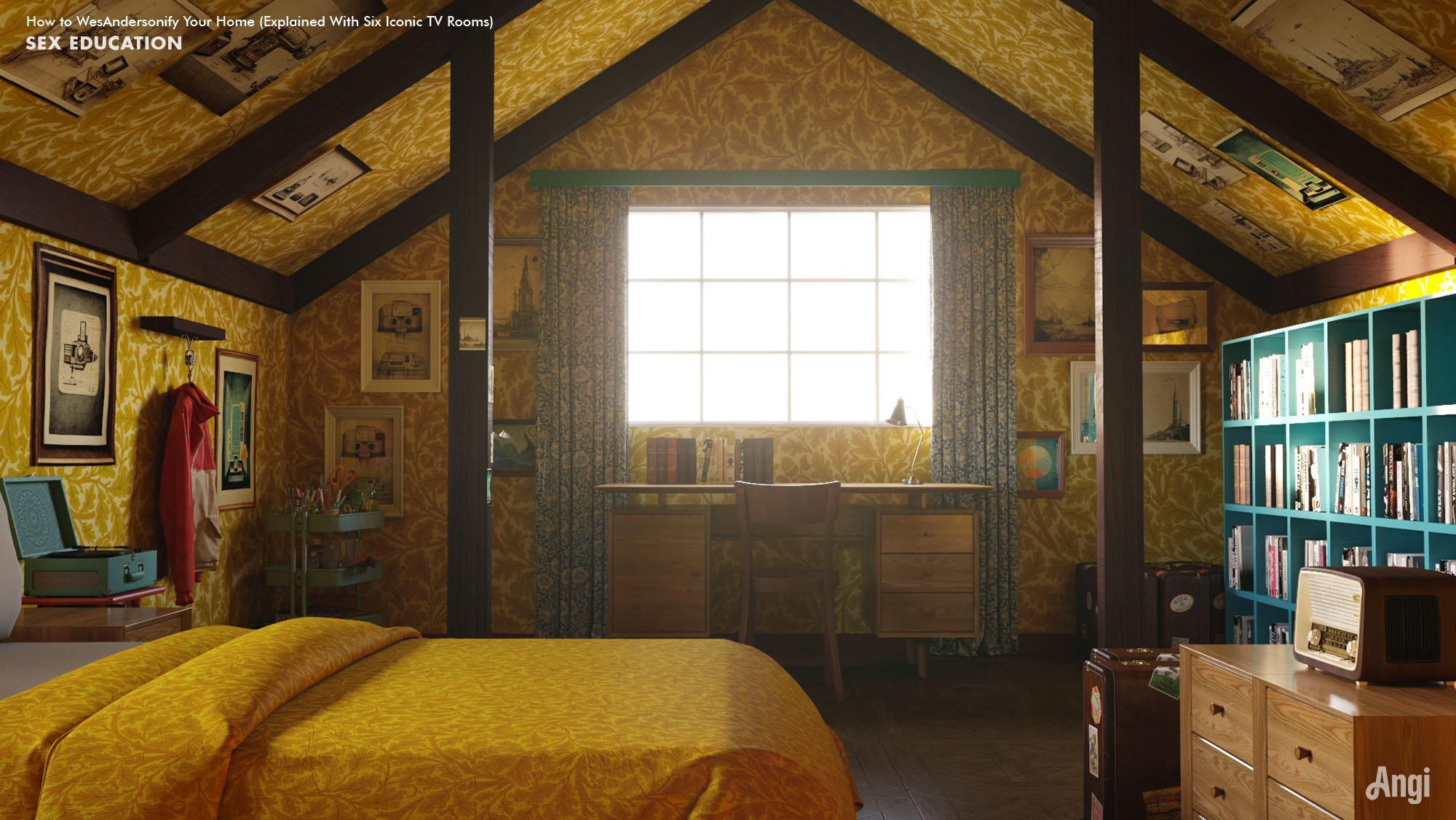 attic bedroom with yellow wallpaper inspired by the tv show Sex Education