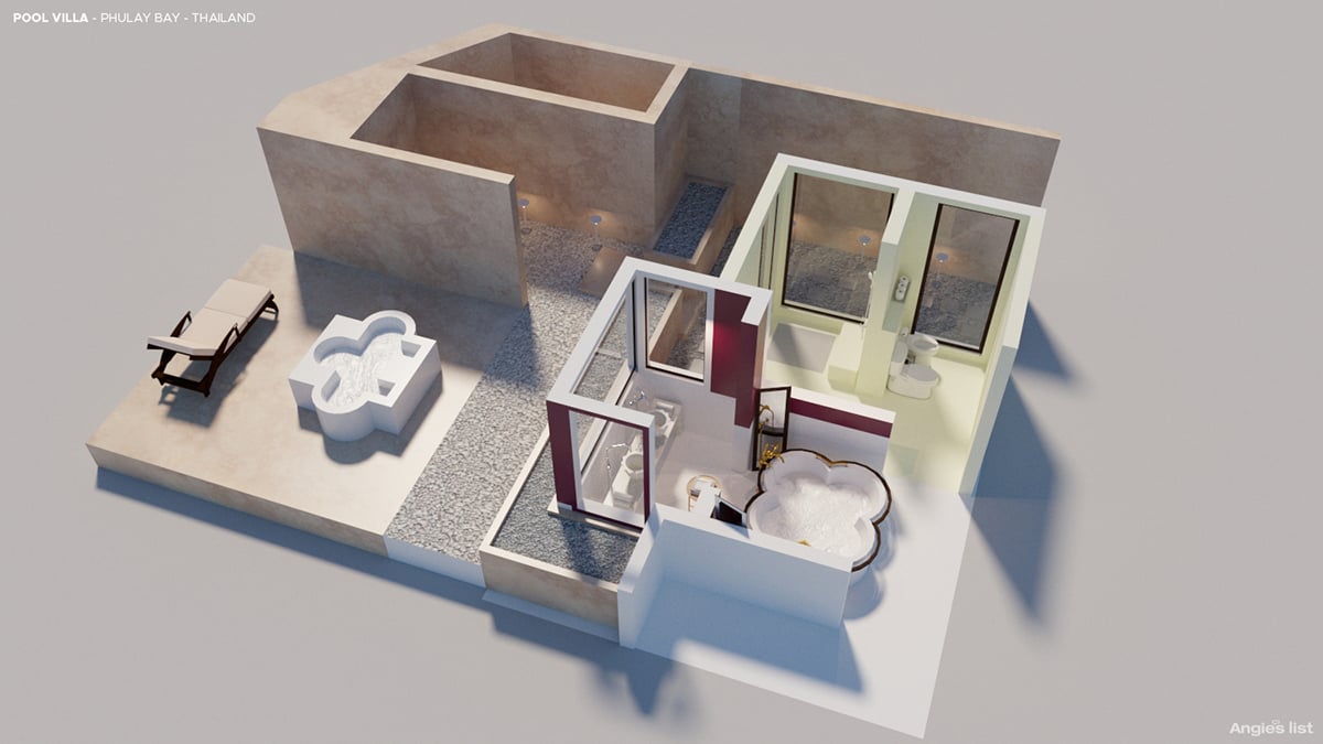 the CG rendering of the Phulay Bay resort bathroom with a four-leaf clover-shaped terrazzo-and-mother-of-pearl bathtub