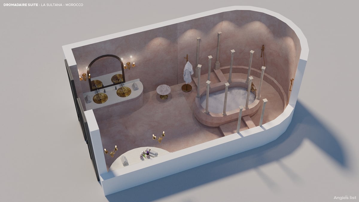 this bathroom has a pink marble tub enclosed by pillars in the middle
