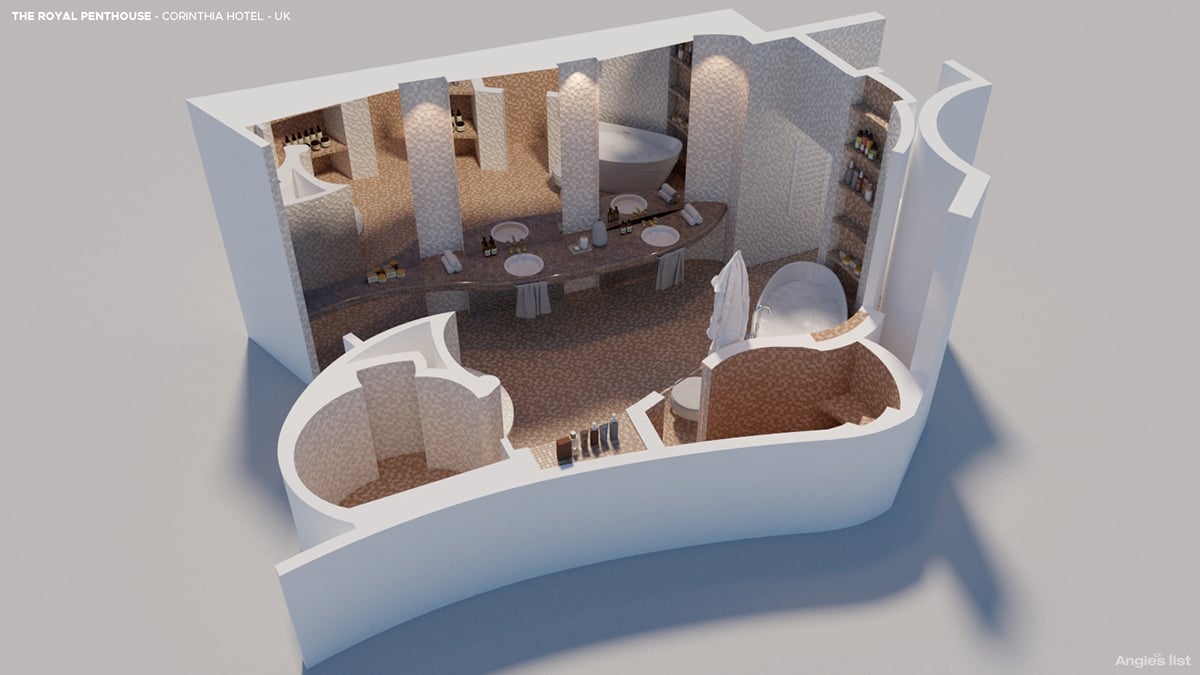 this rendering has a stone bath facing a built-in TV, and the large walk-in shower has its own enclosed gas fire
