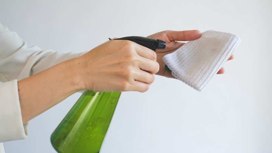 Woman applying window cleaner to a cloth 