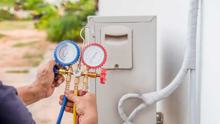AC repair pro checking air conditioner refrigerant