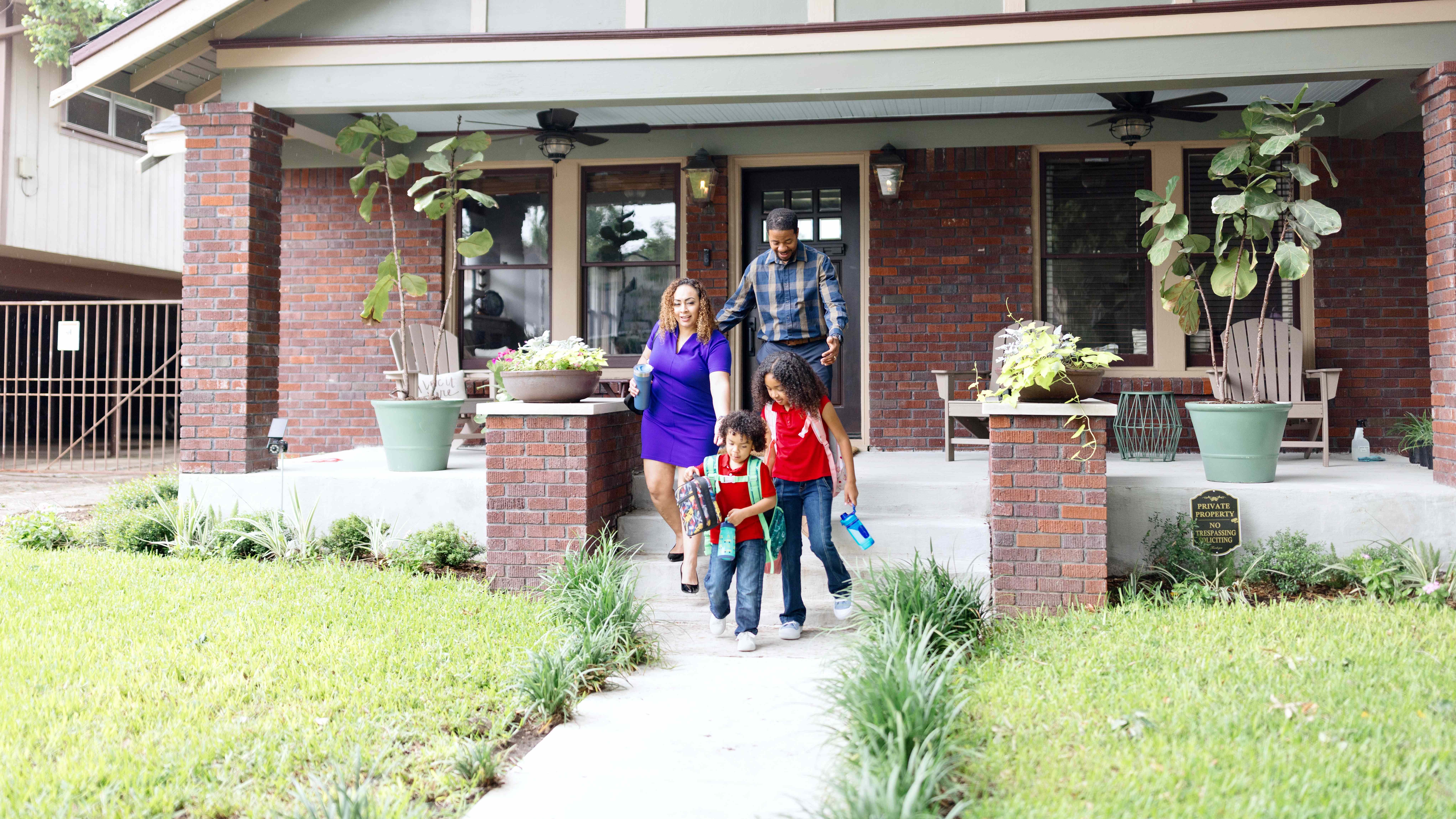 Parents and children leaving home in the morning