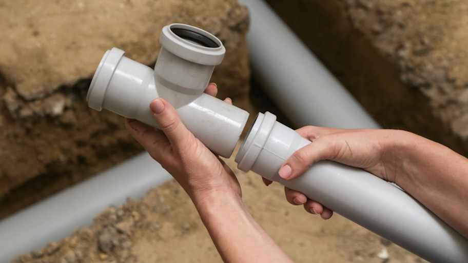 Worker installing PVC pipes sewage system
