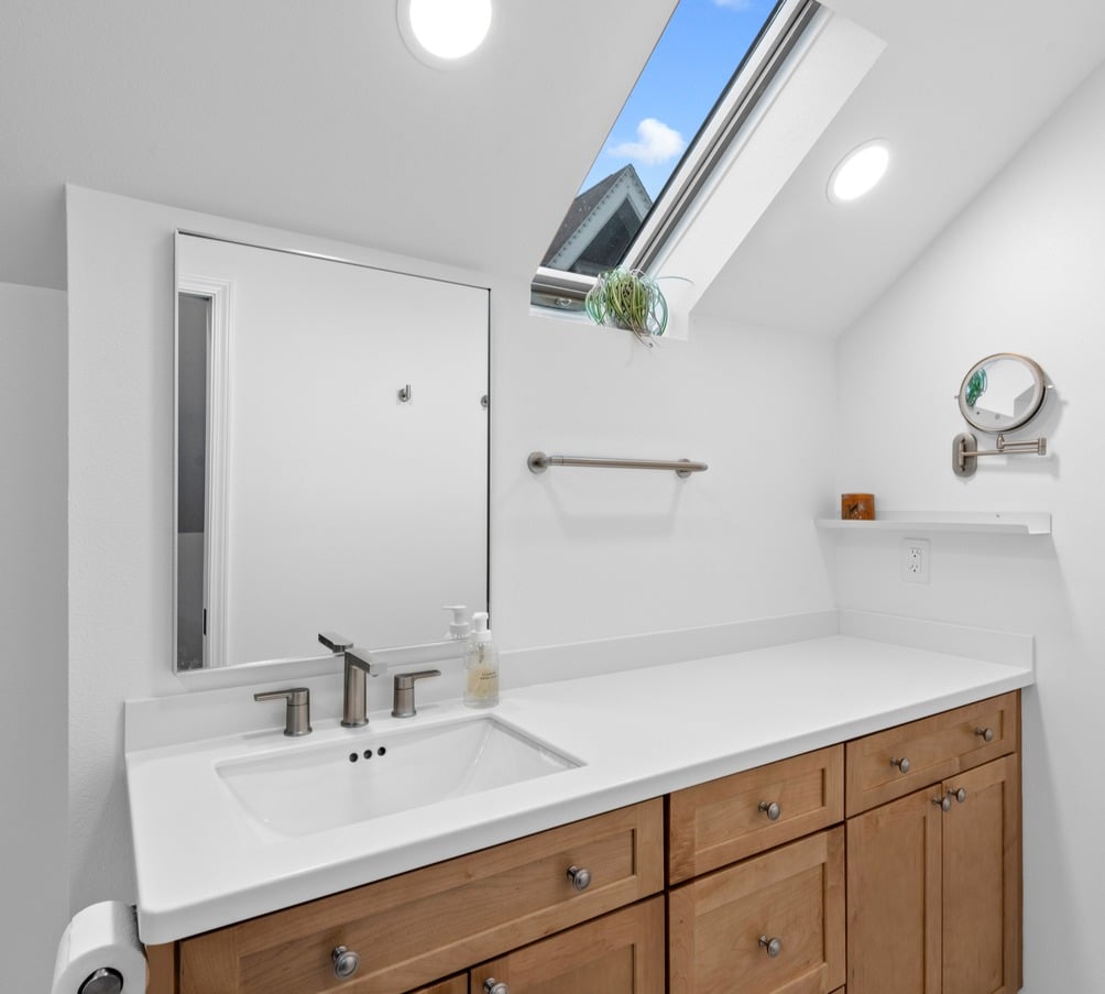 remodeled bathroom with skylight
