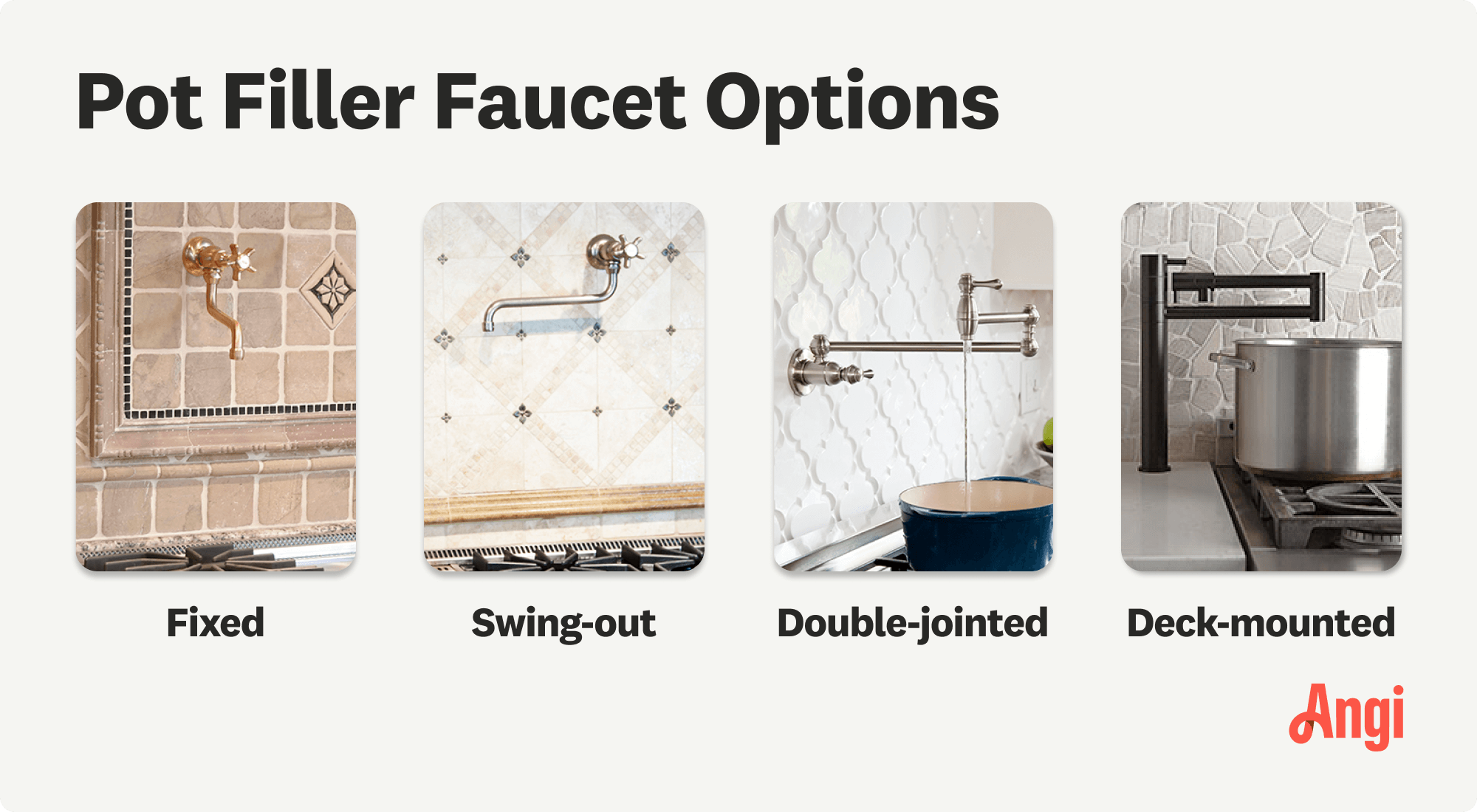 4 pot filler faucet options compared visually, including fixed, swing-out, and deck-mounted