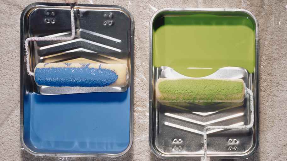 Blue and green paint in trays