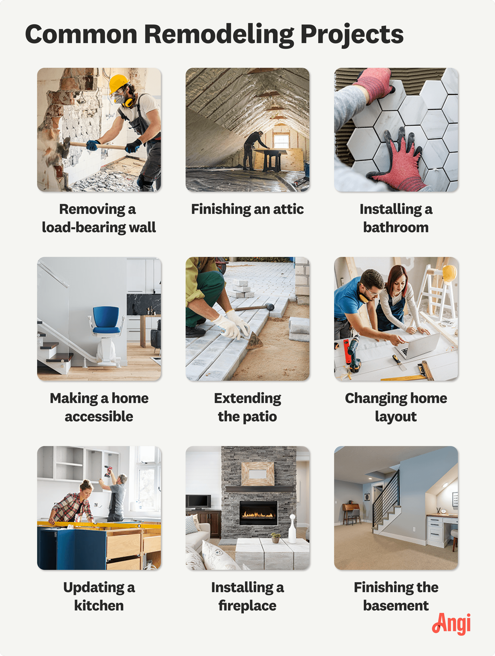 9 common remodeling projects compared visually, including removing a load-bearing wall and extending a patio