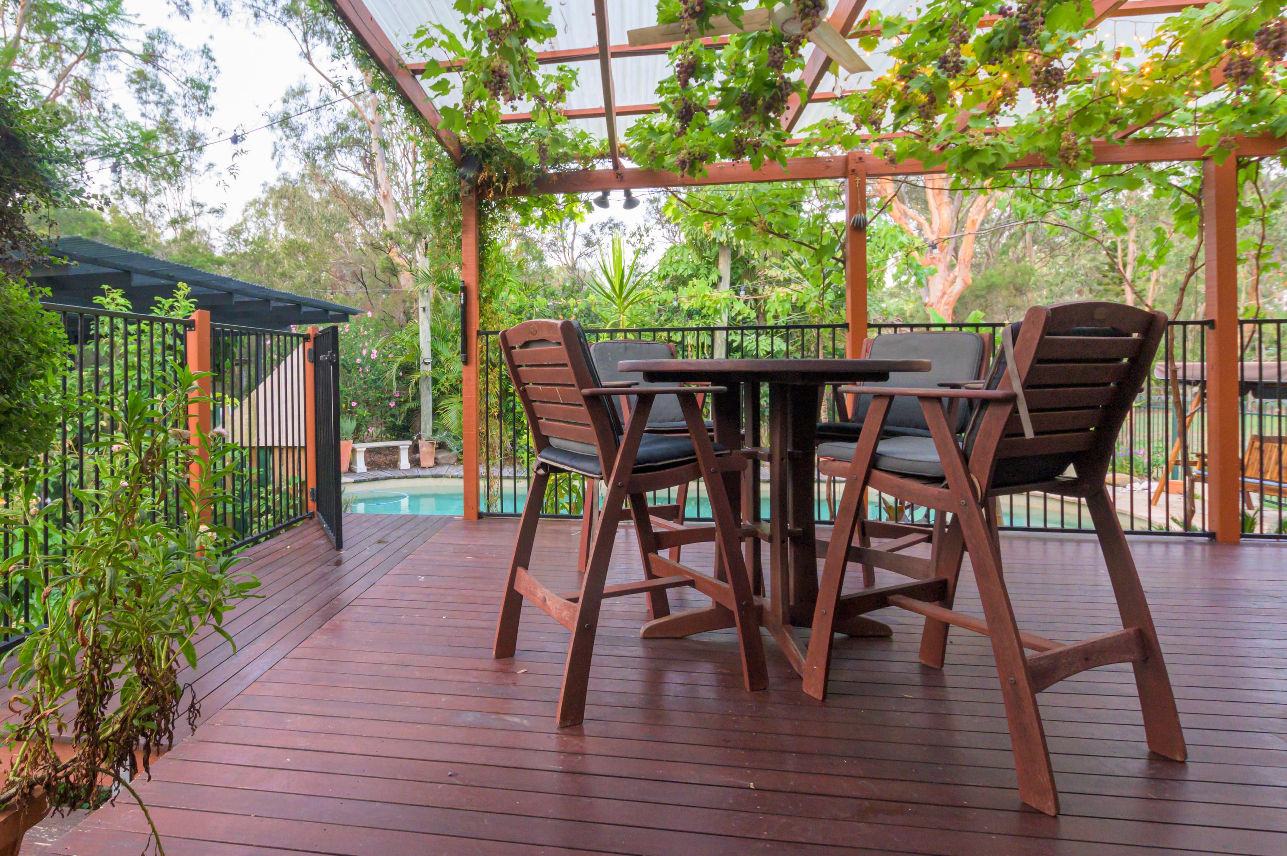 A backyard pool with a security gate