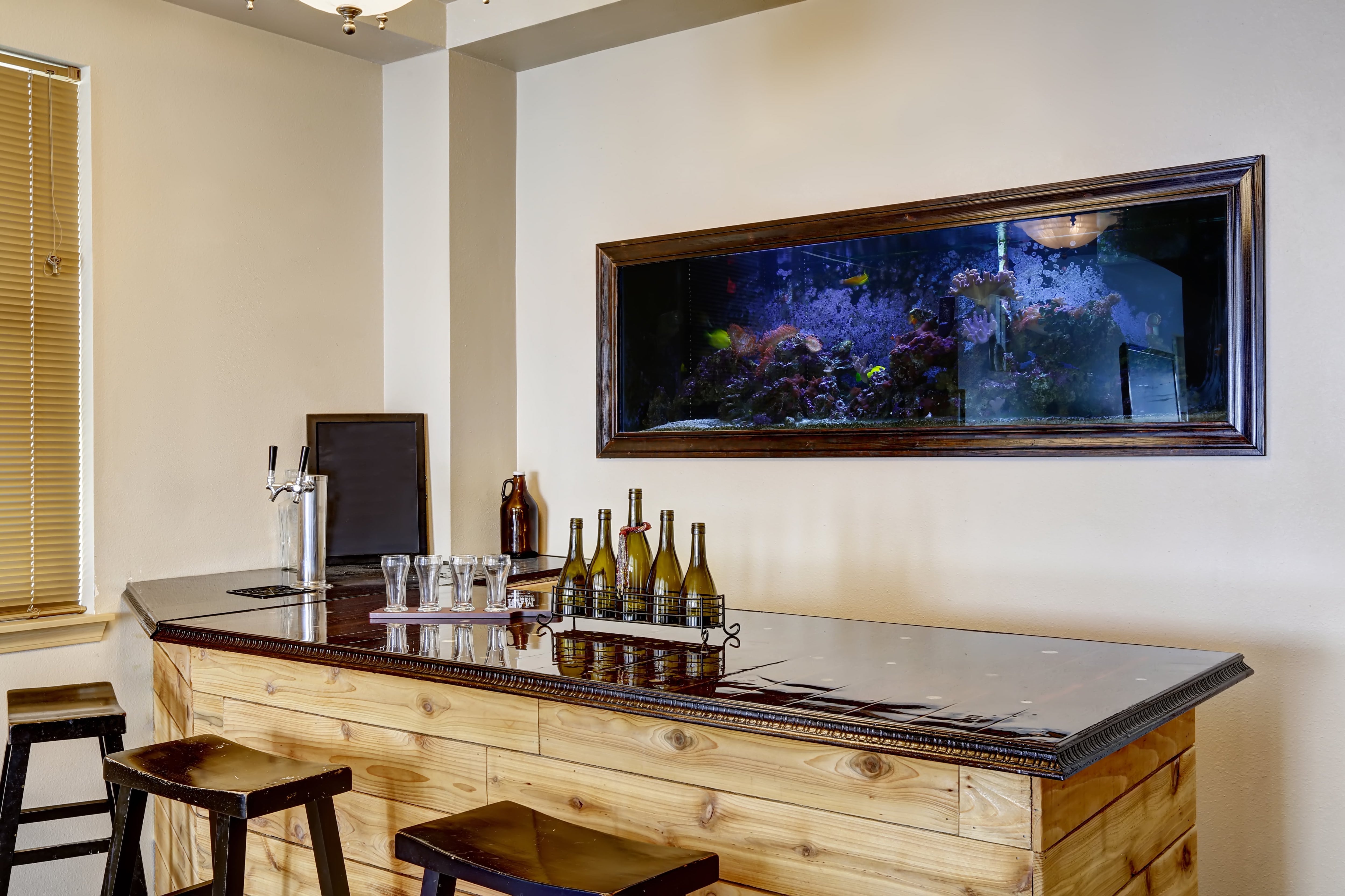 Aquarium installed above basement bar