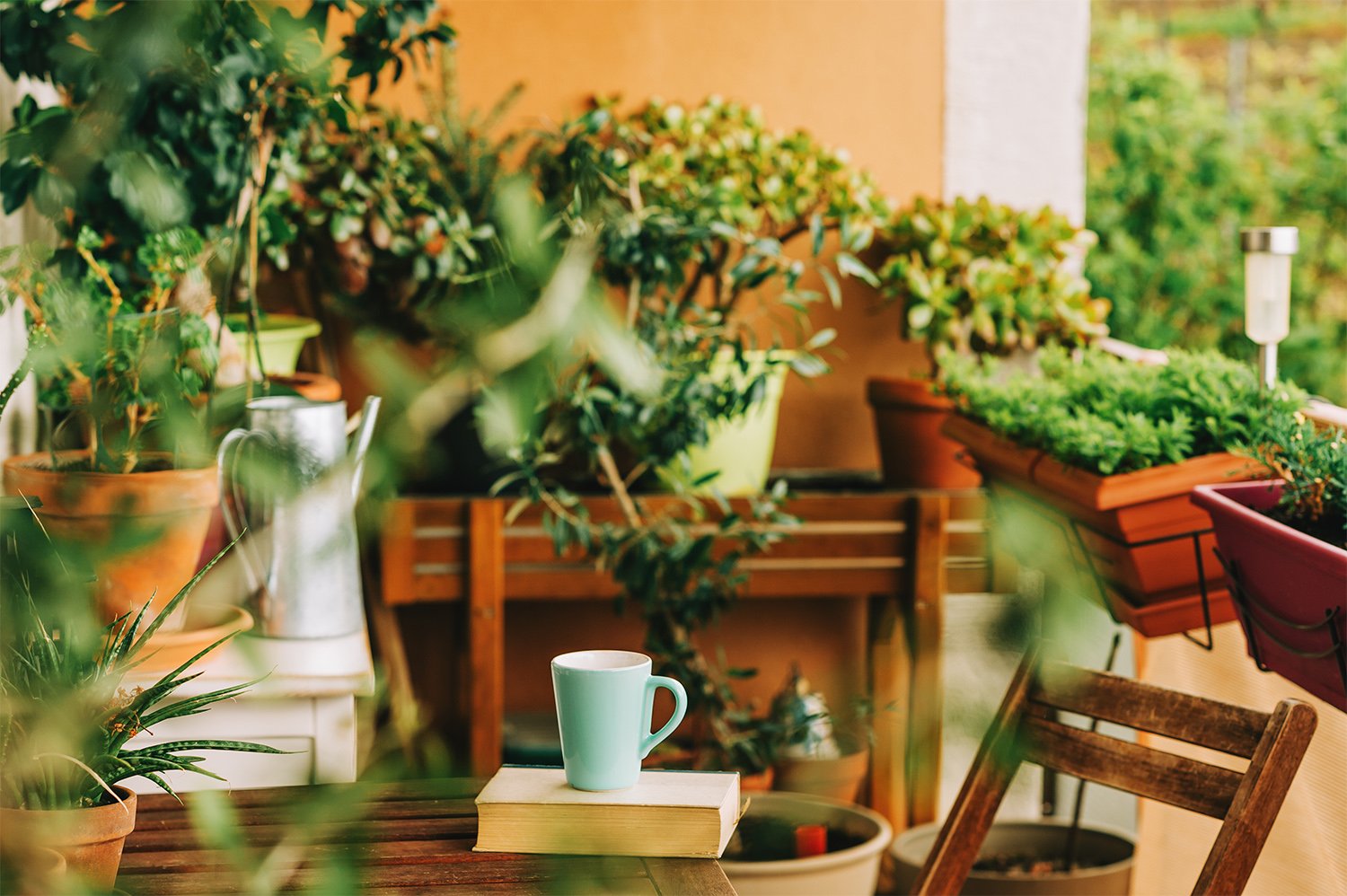 Table and chair in balcony garden