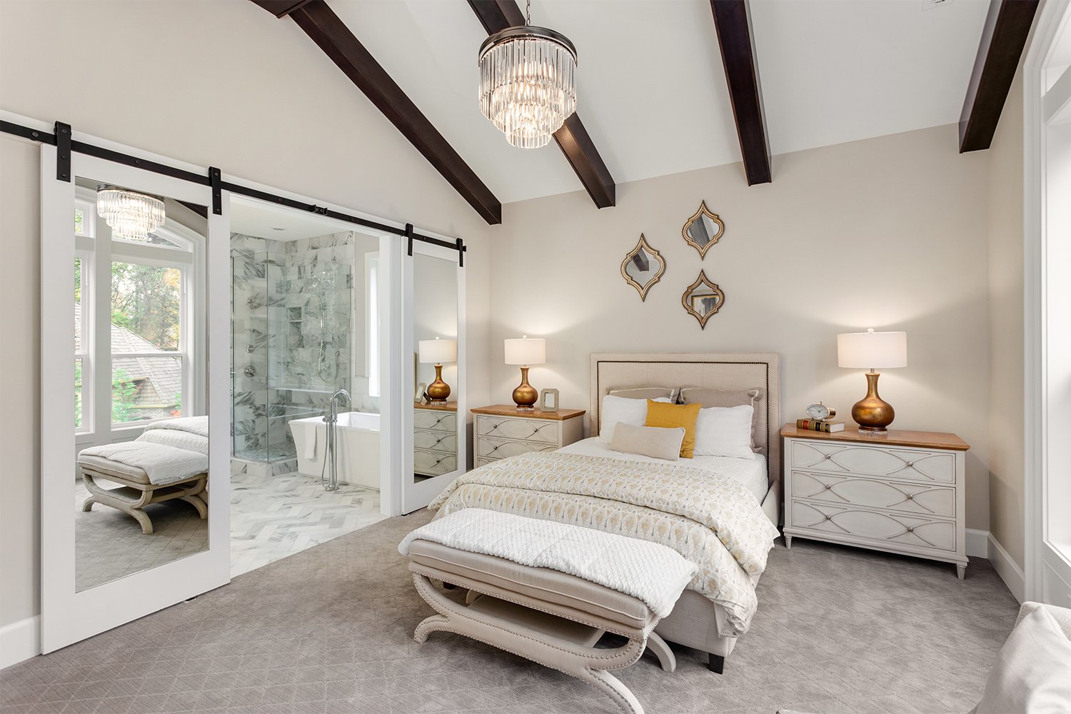 Master bedroom with lamps on