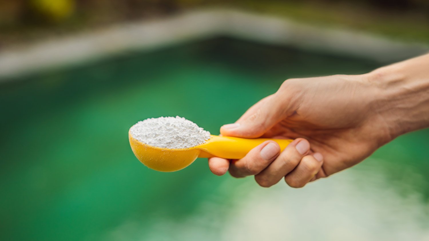 person holding Calcium hypochlorite in pool