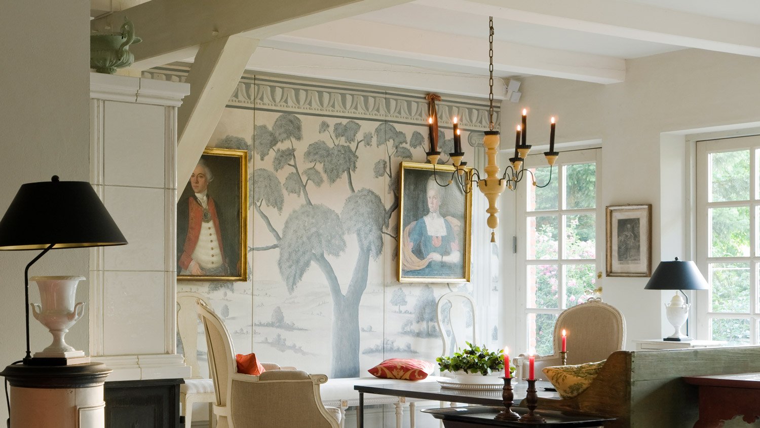 Chandelier in farmhouse living room