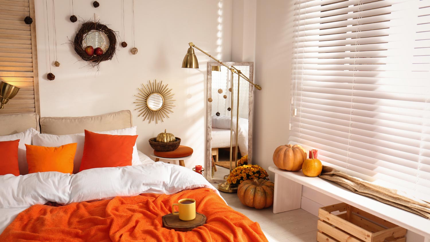 Cozy bedroom interior inspired by autumn colors