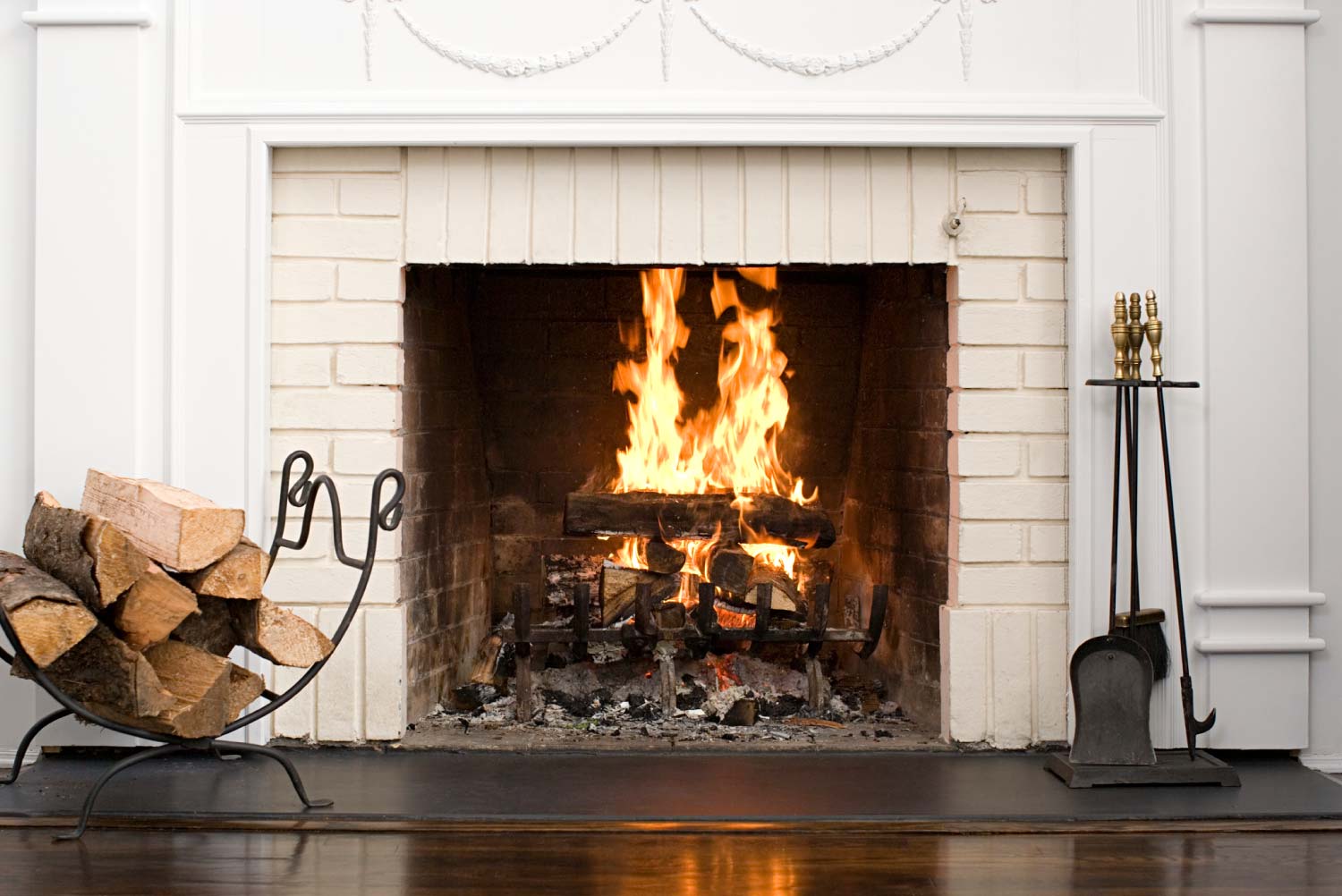 Fireplace with fire burning