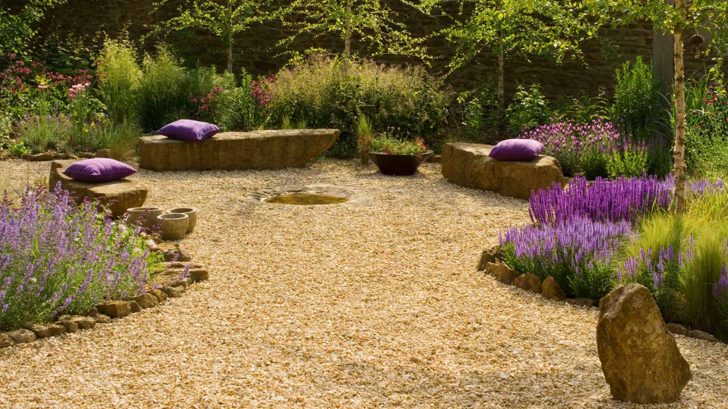 Gravel garden with rock seats