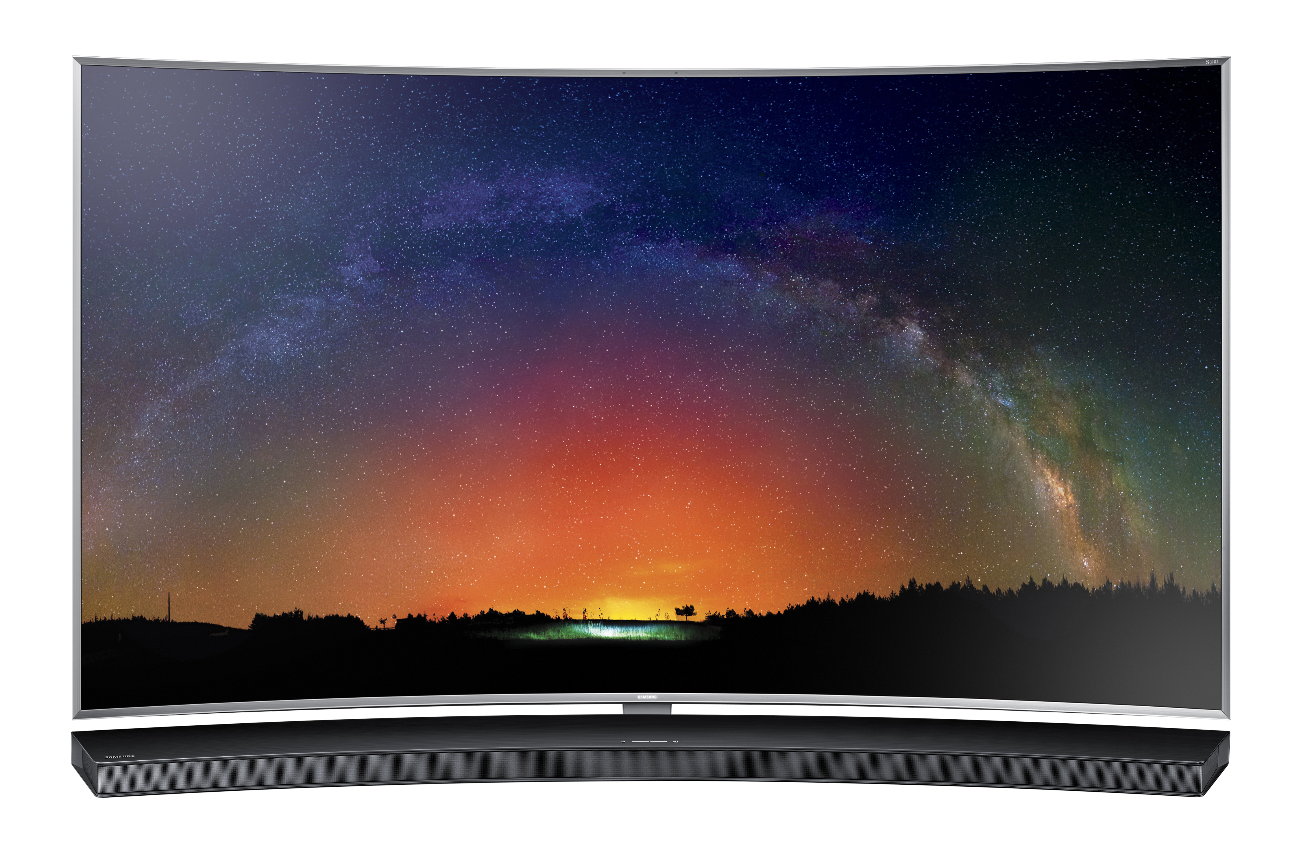 Samsung HW-J8500 sound bar set up in front of a curved HDTV.