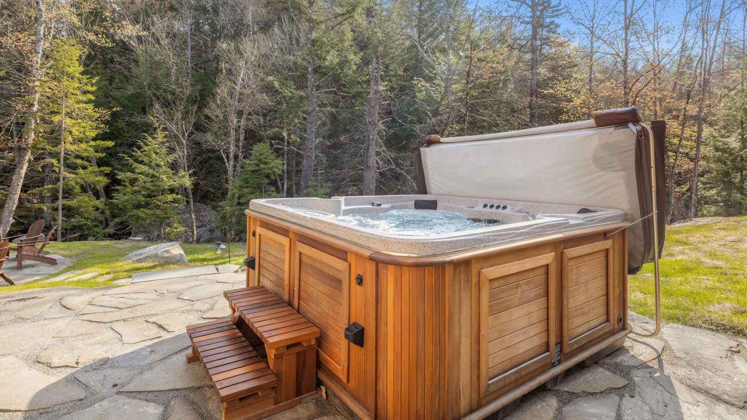 Hot tub situated on a wooden patio