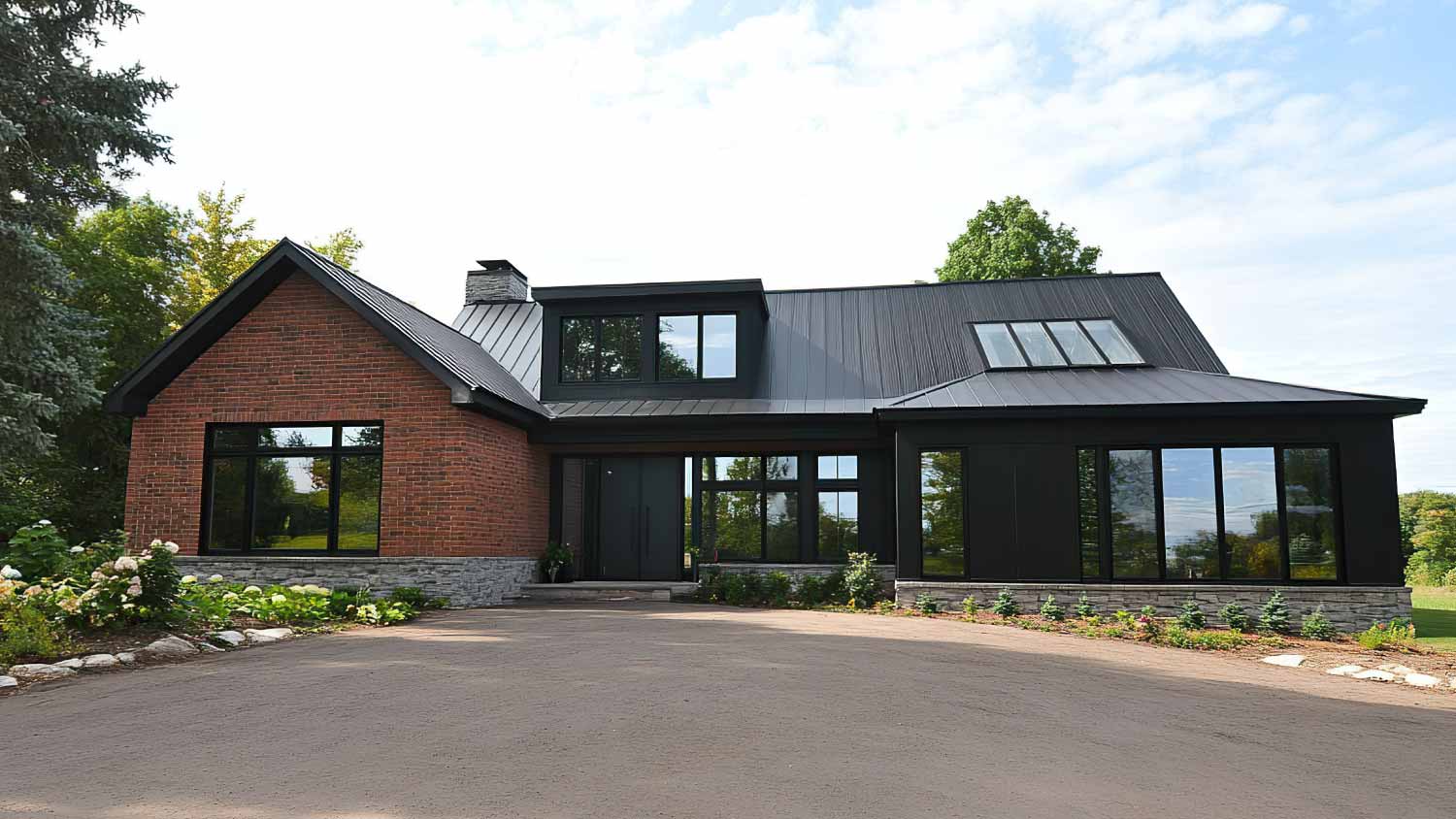 House with black metal roof and red brick walls 