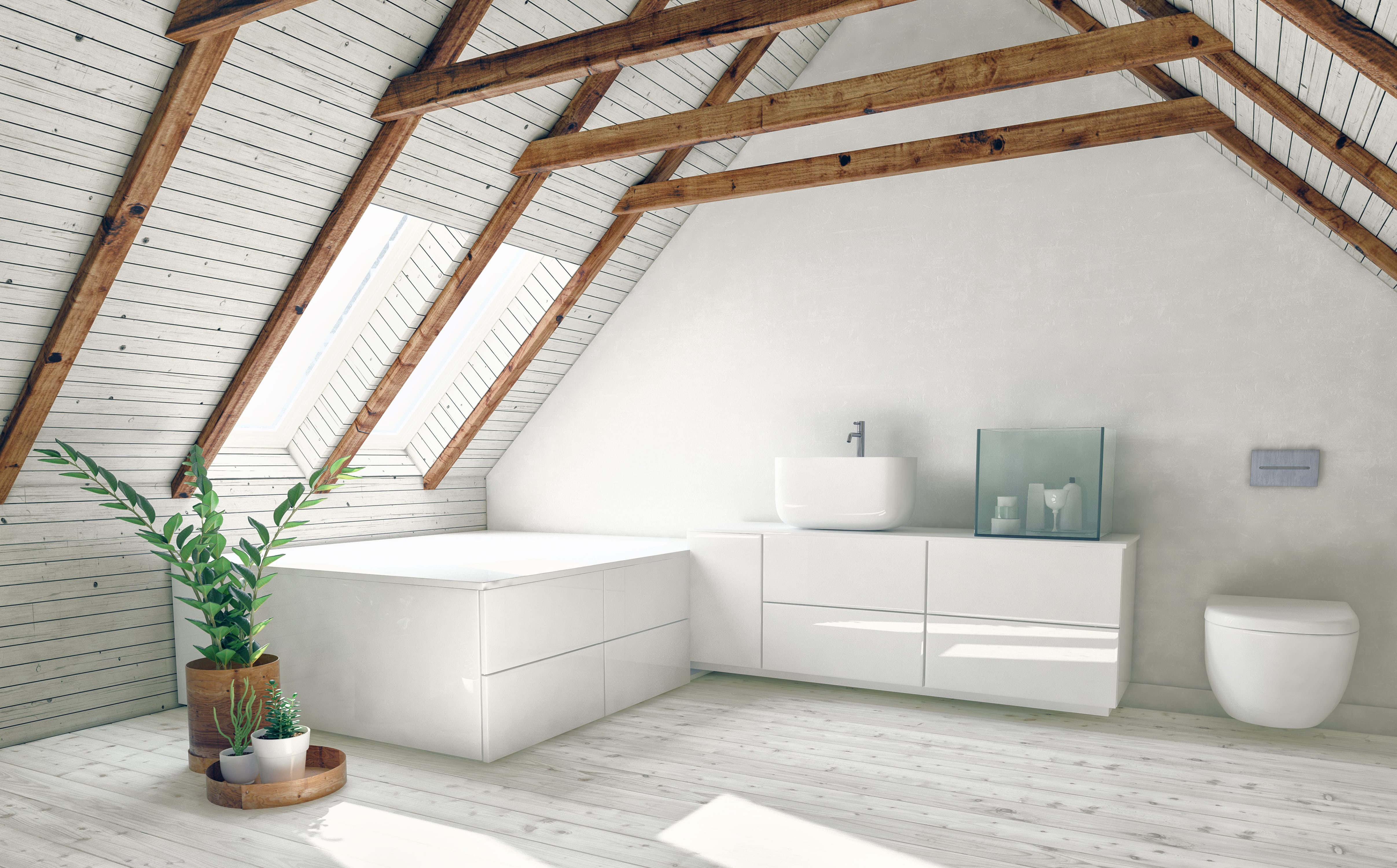 Modern attic bathroom with whitewashed-wood vaulted ceiling