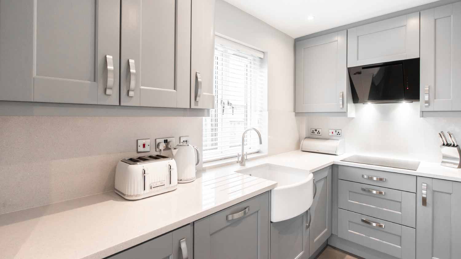 Interior view of a gray kitchen 