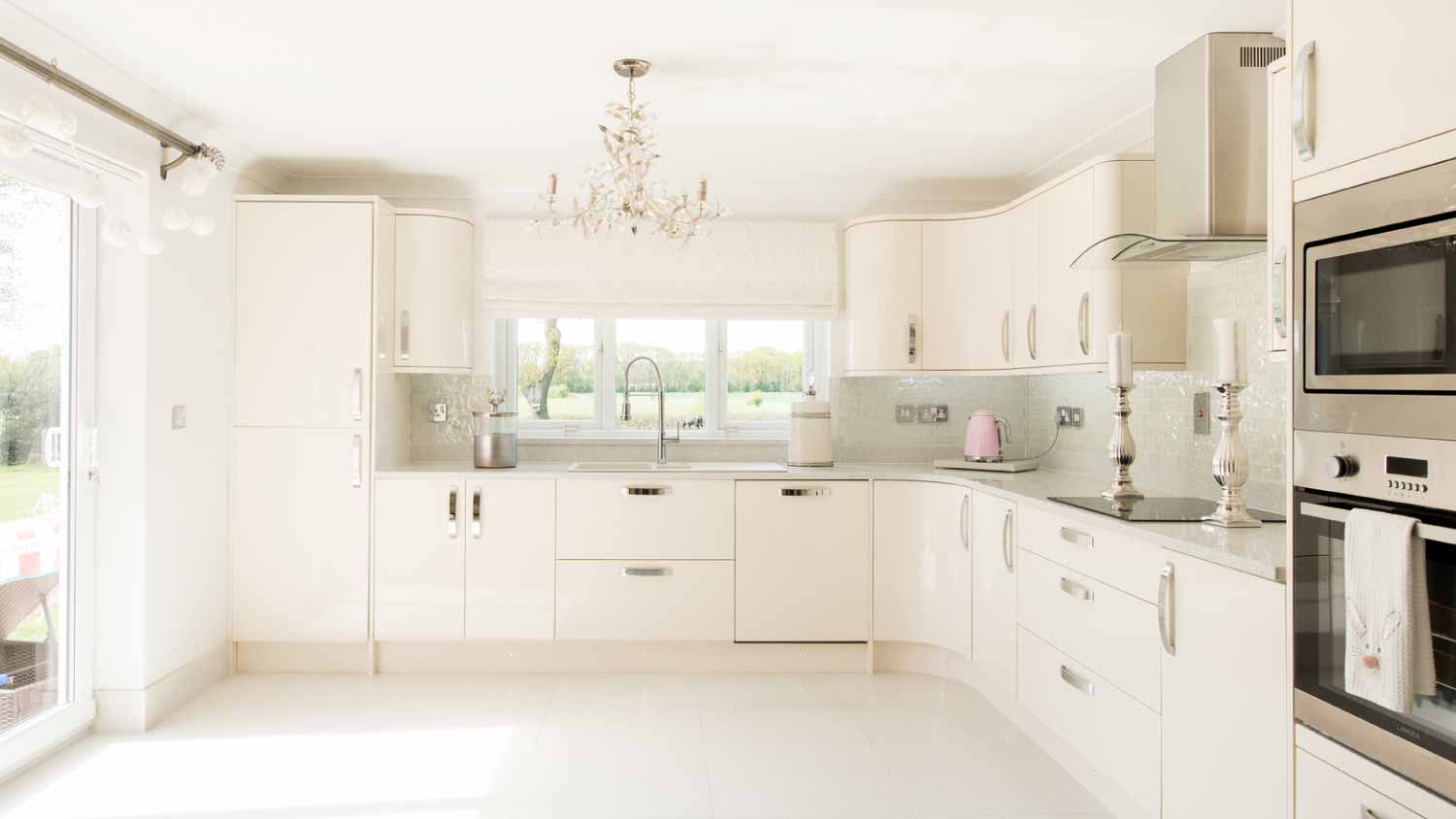 Interior view of a large cream kitchen