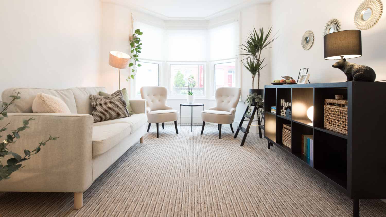 Interior view of a lounge with beige sofa