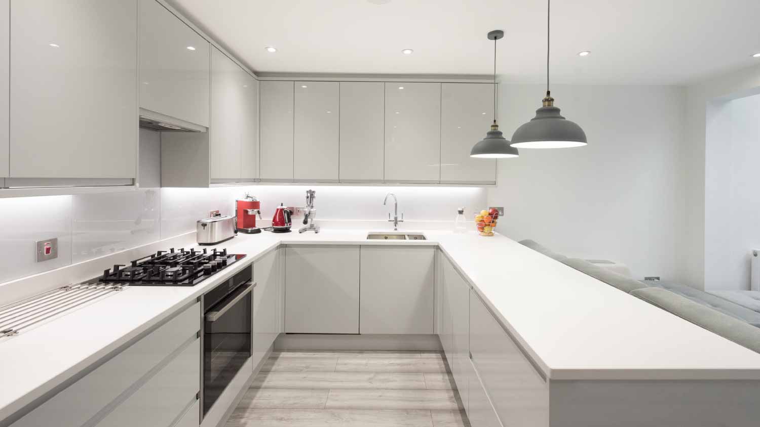 Interior view of a new light grey kitchen