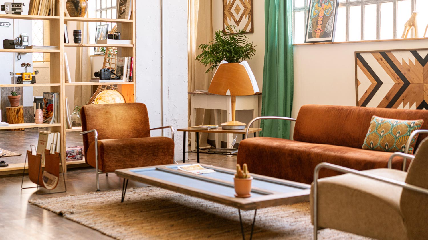 A living room in bright industrial loft