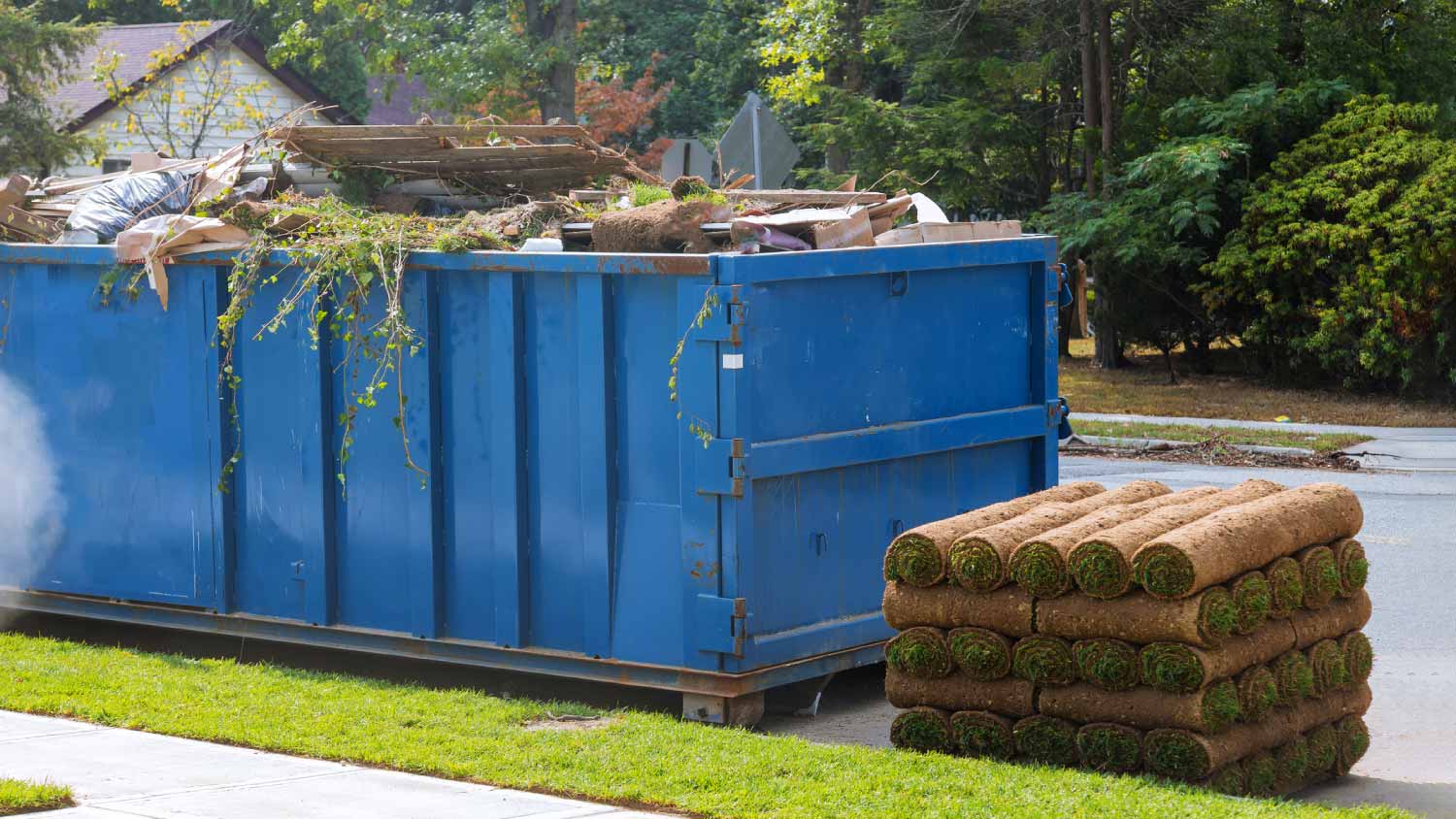 Lawn grass in rolls on pallets next to a dumpster