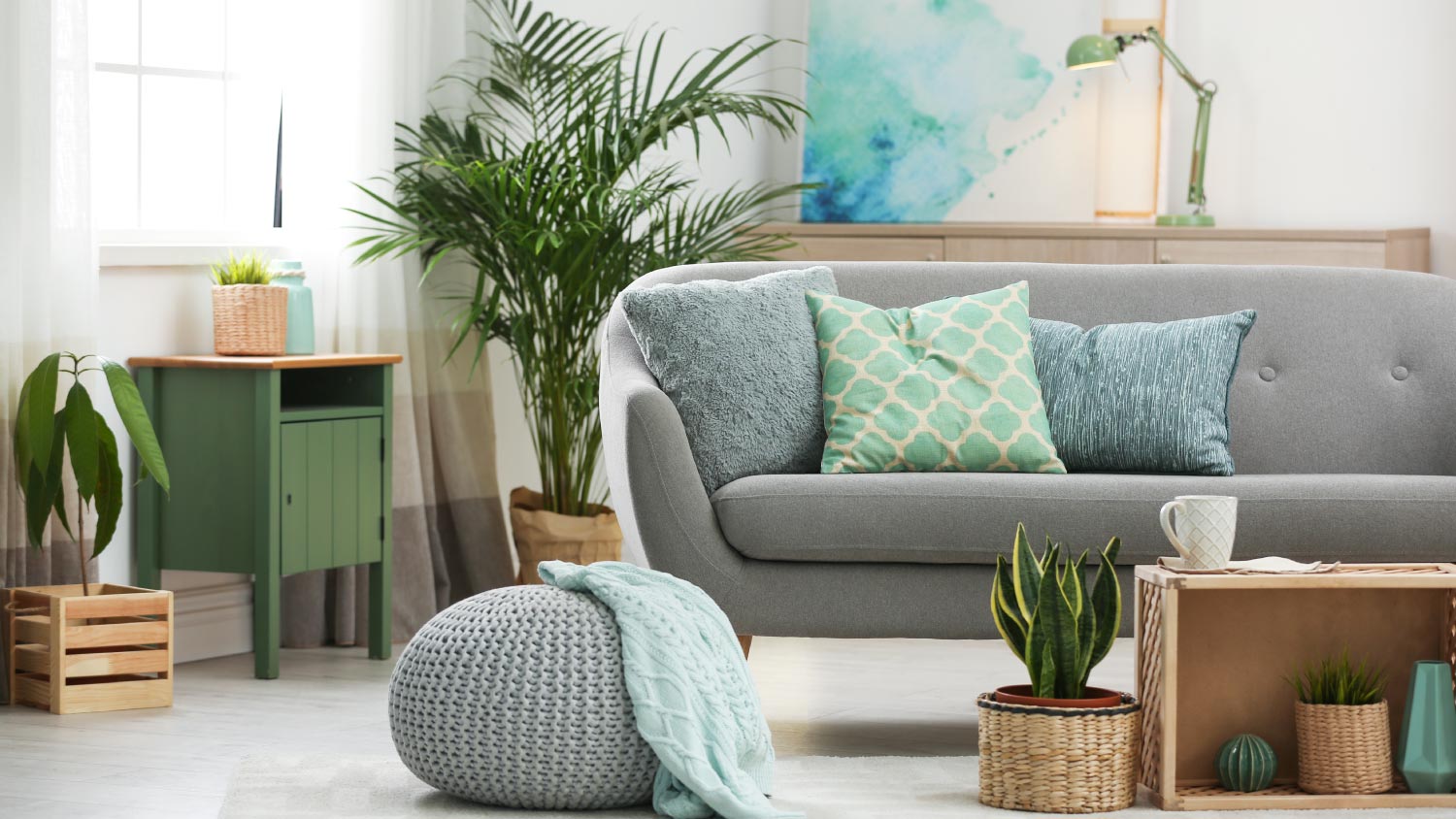 A living room interior with green houseplants and sofa