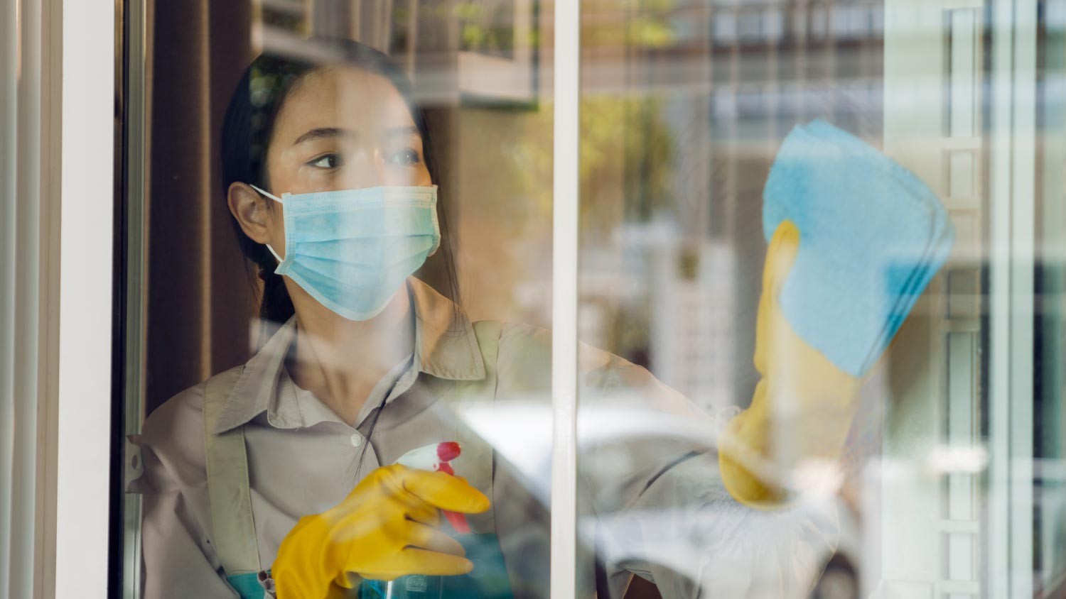 Maid cleaning windows of a house