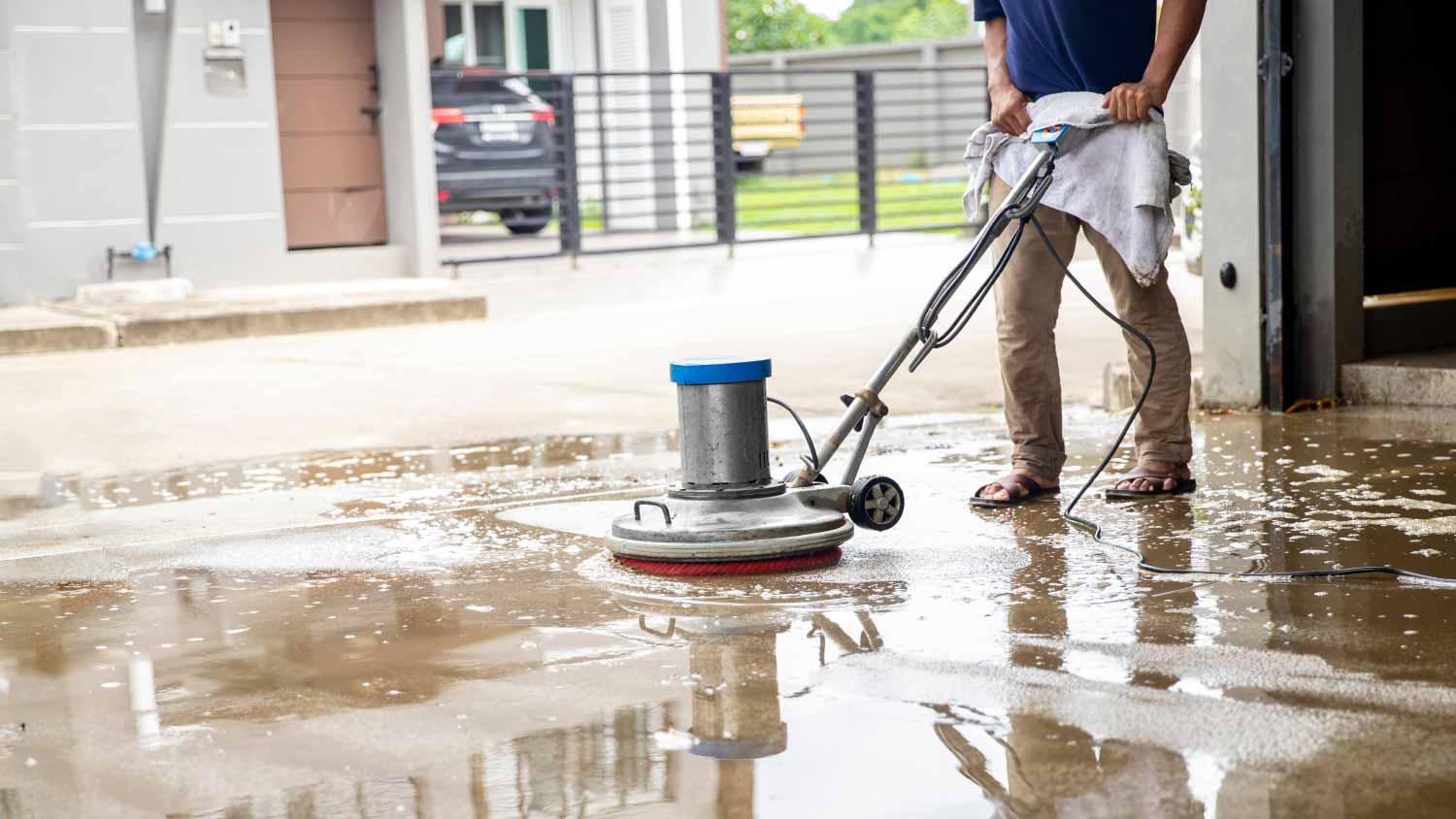 Man cleaning the floor with scrubber machine