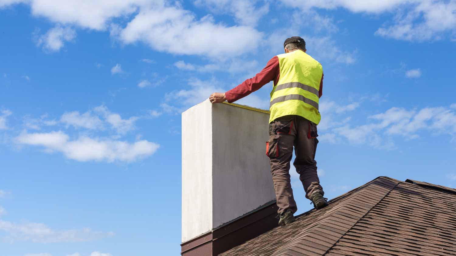 Man measuring chimney on rooftop