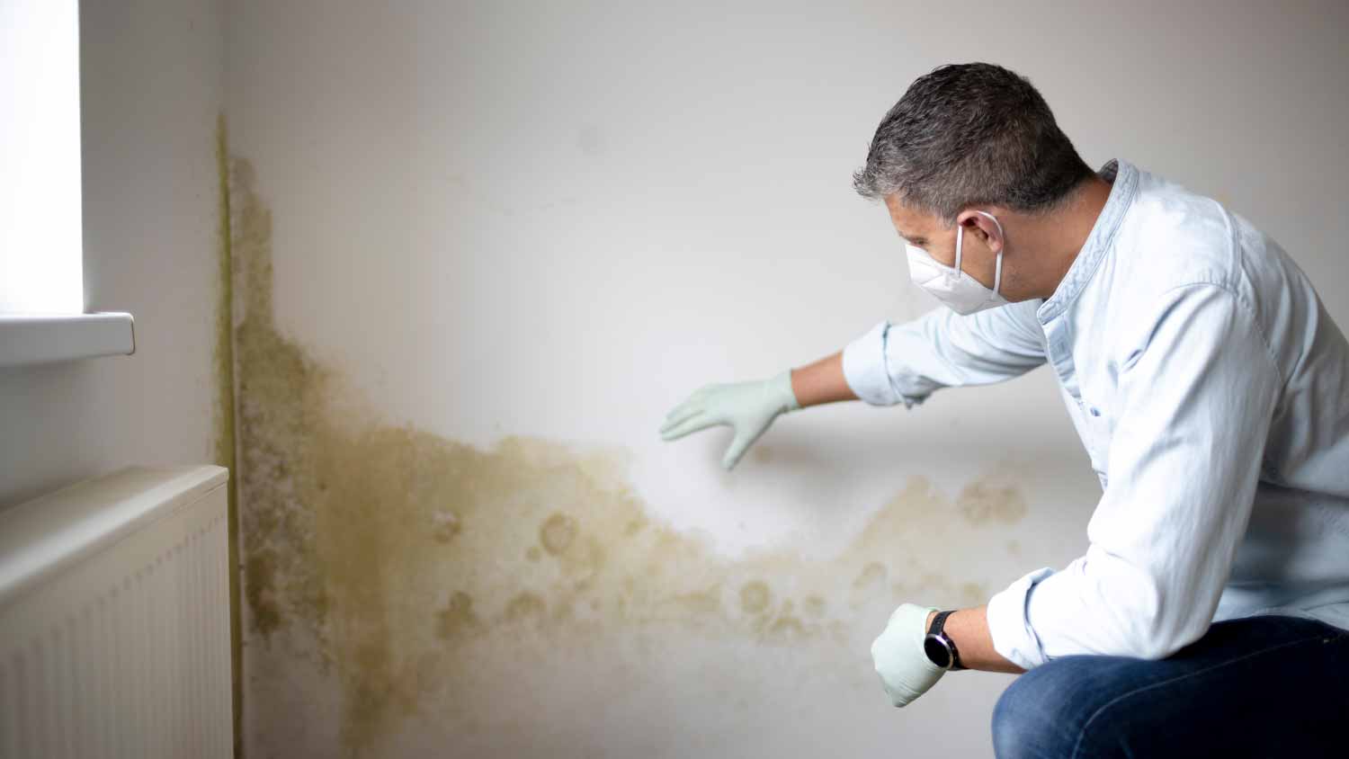 Man in front of white wall with mold