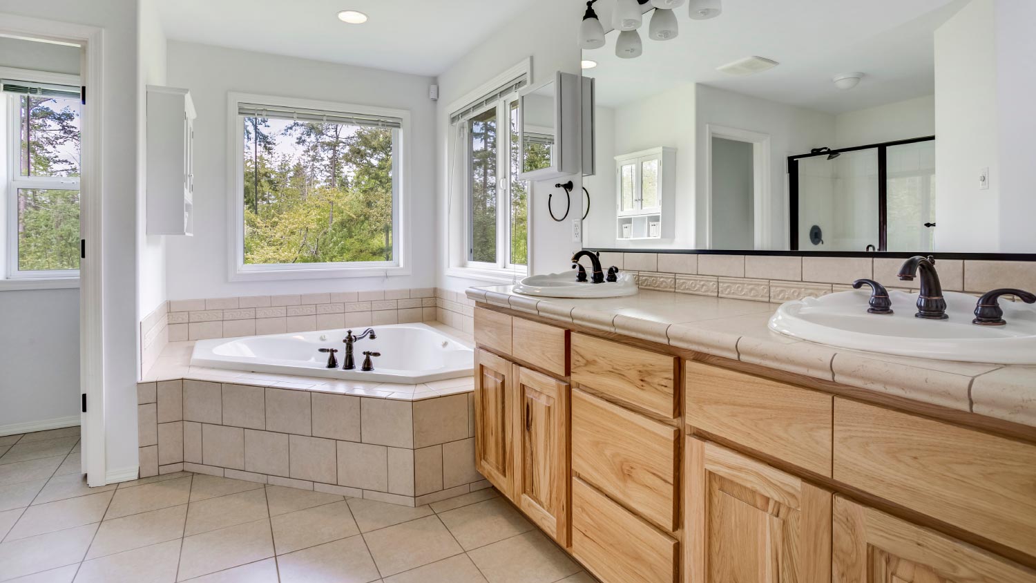 Master bathroom interior with dual vanity