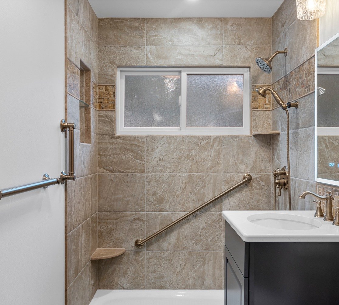 brown stone tile shower