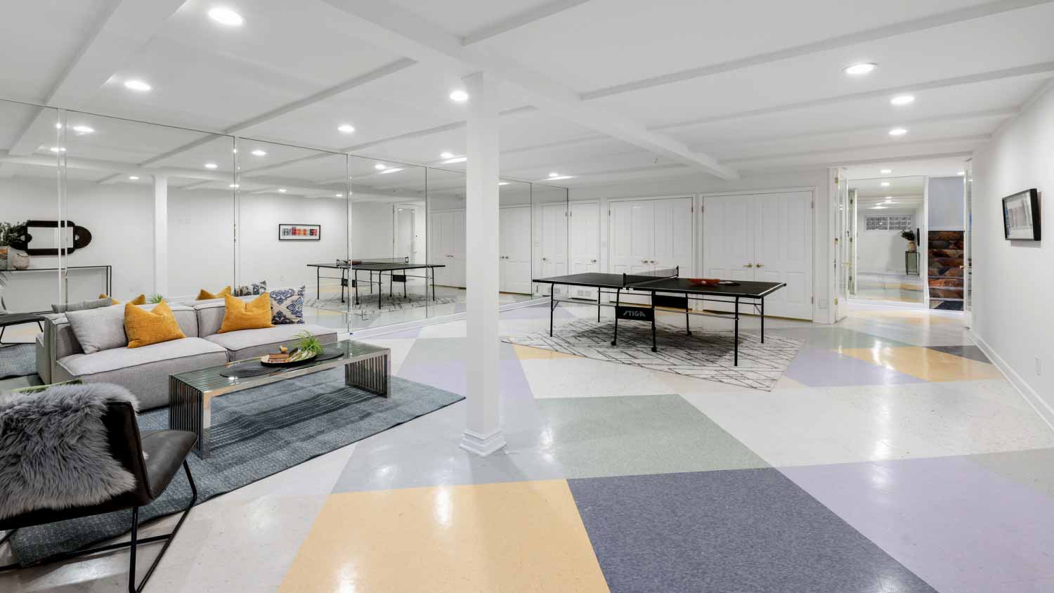 Modern basement with a ping pong table