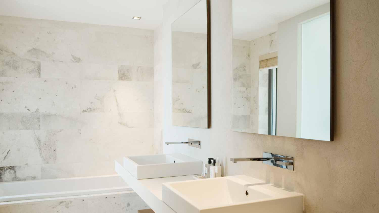 Modern bathroom vanity and bathtub