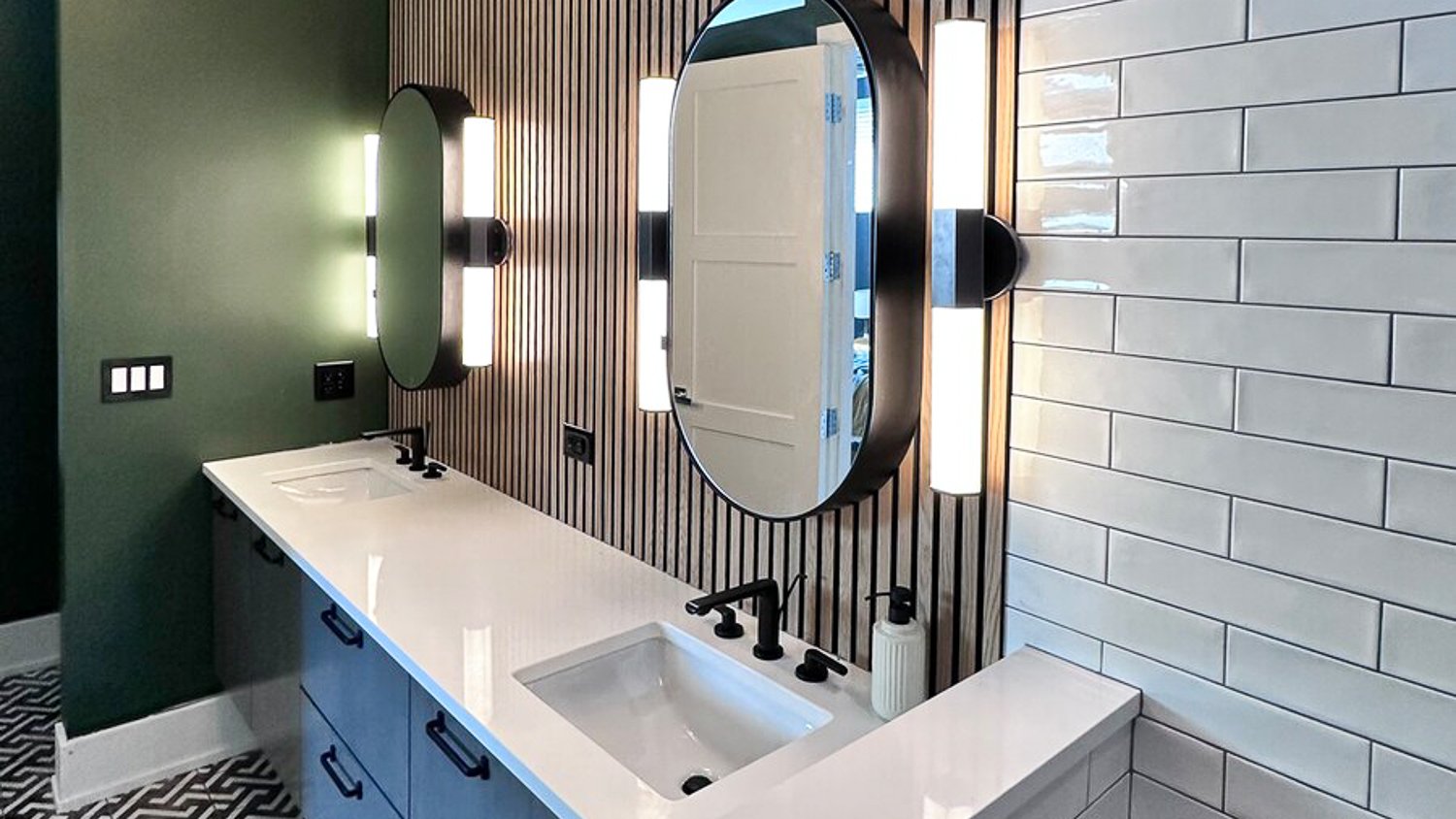 Modern bathroom with wooden wall
