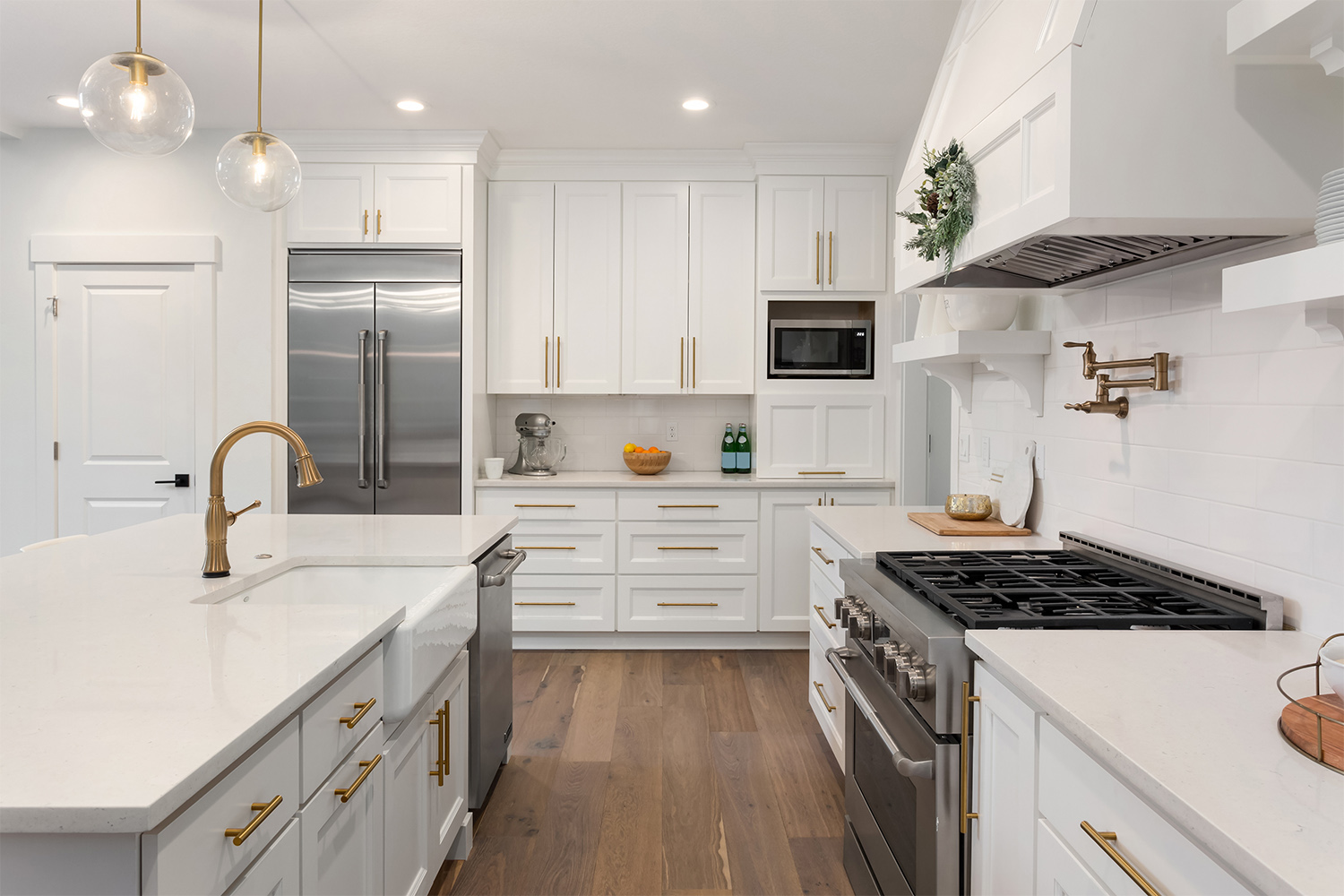 Modern kitchen with light counters and cabinets