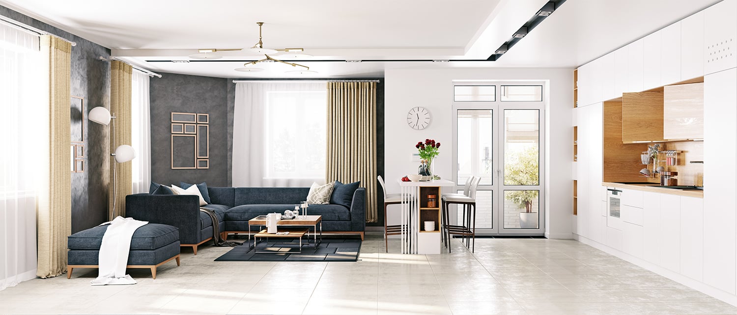 Modern living room with tiled floor