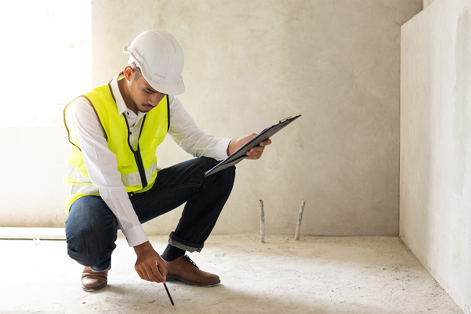 Professional inspecting home for bump out