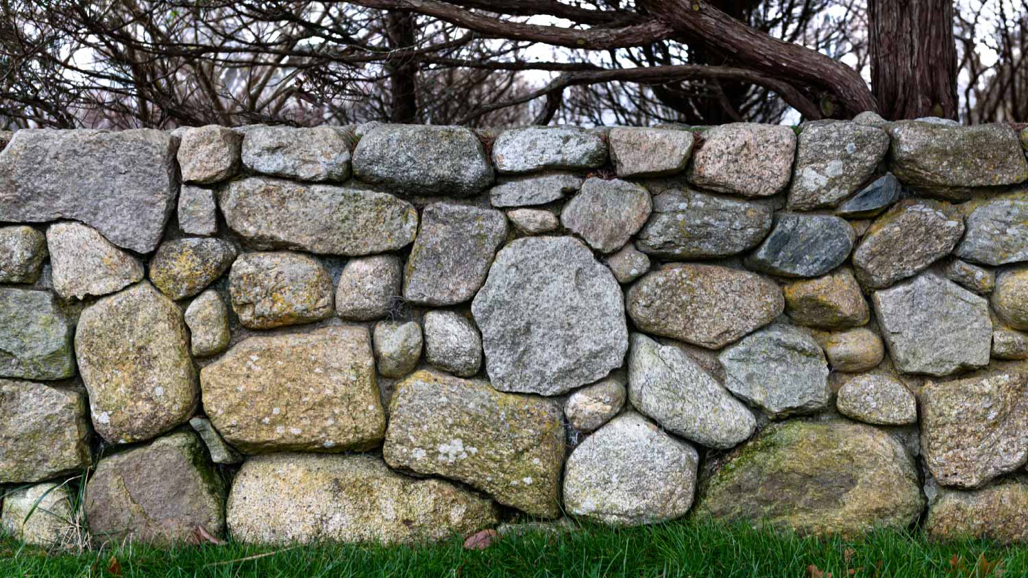 Stone wall in front of green grass