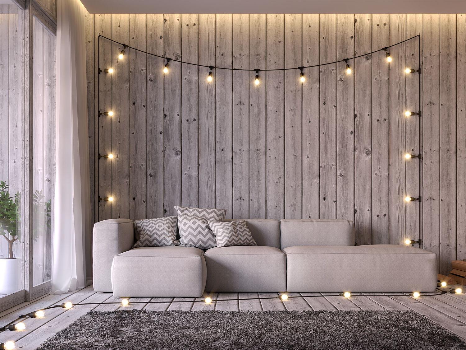 Living room with string lights