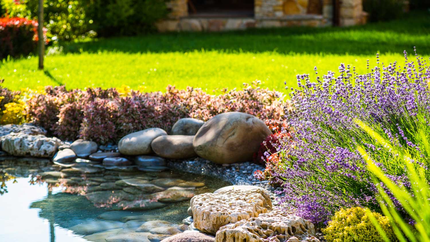 Trees and decorative trimmed bushes and rocks